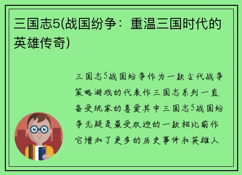 三国志5(战国纷争：重温三国时代的英雄传奇)